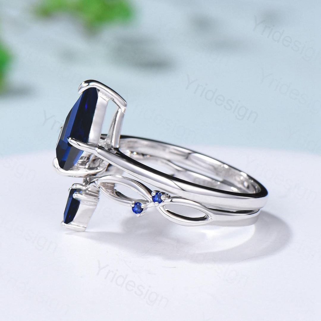 Dainty Blue Sapphire Engagement Ring Set Kite Cut Solitaire Minimalist Wedding Set Simple Sep birthstone Bridal Set Anniversary Promise gift - PENFINE