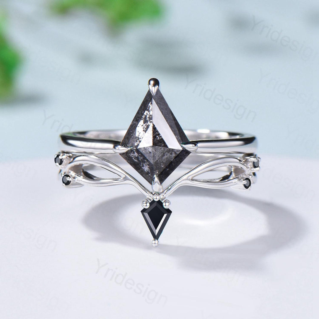 Dainty Salt and Pepper Diamond Engagement Ring Set Kite Solitaire Minimalist Wedding Set Simple Diamond Bridal Set Anniversary Promise gift - PENFINE