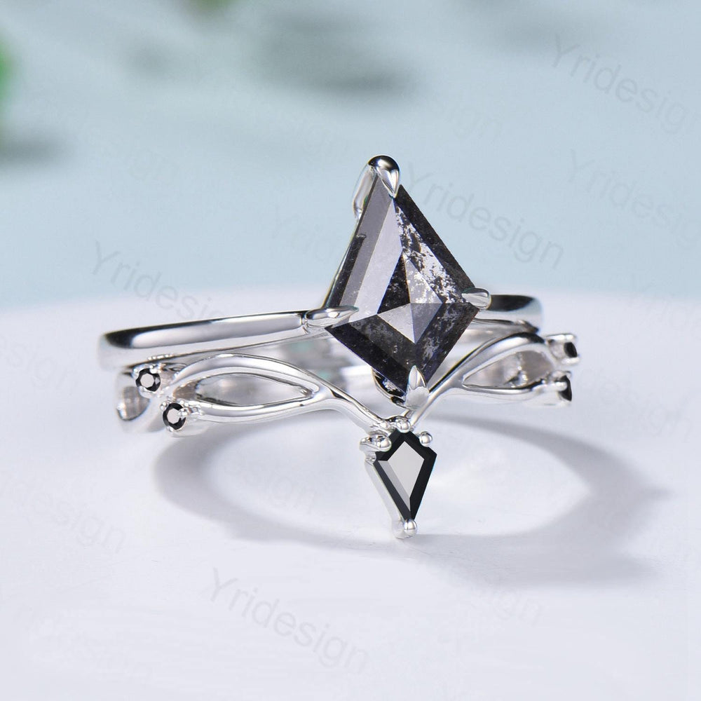 Dainty Salt and Pepper Diamond Engagement Ring Set Kite Solitaire Minimalist Wedding Set Simple Diamond Bridal Set Anniversary Promise gift - PENFINE