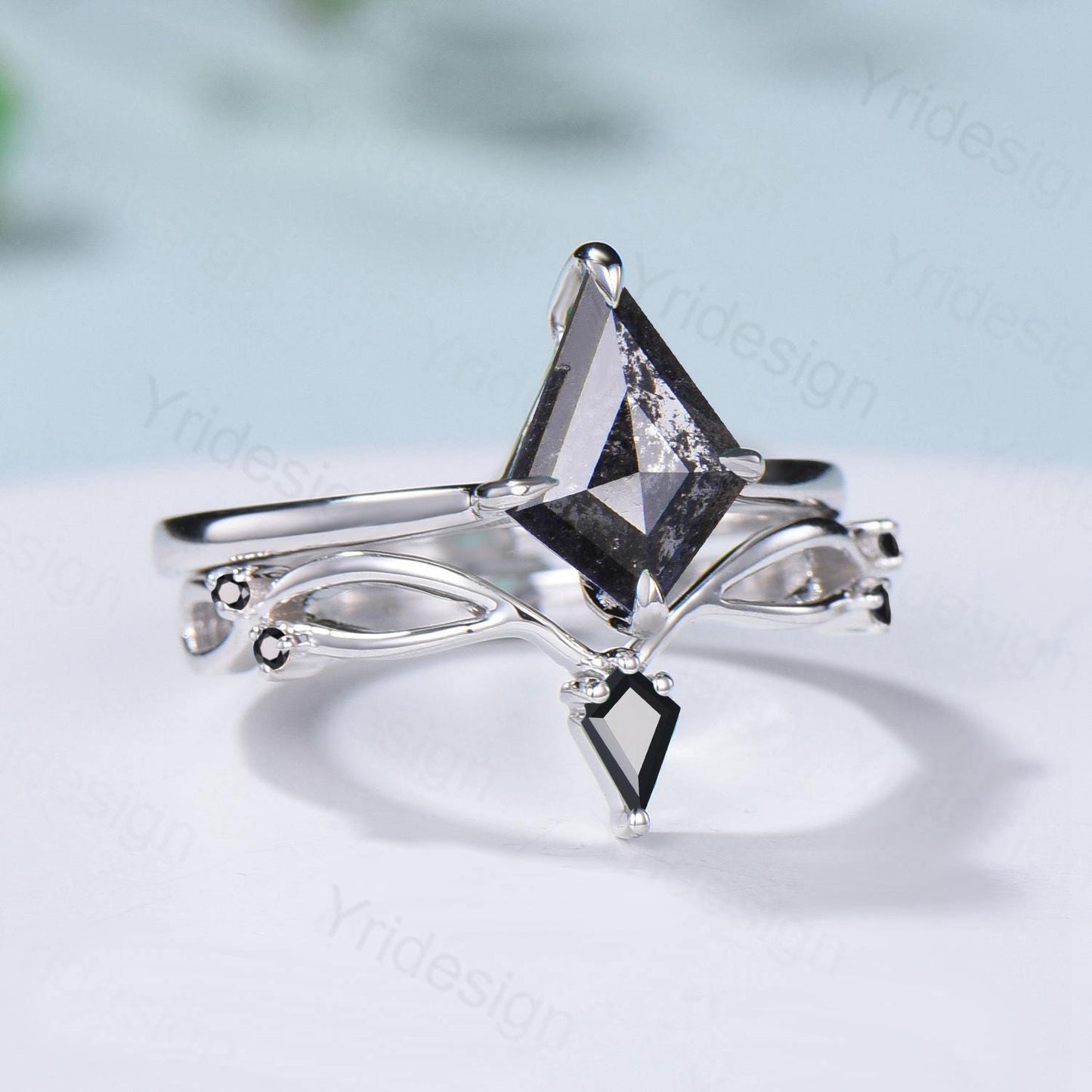 Dainty Salt and Pepper Diamond Engagement Ring Set Kite Solitaire Minimalist Wedding Set Simple Diamond Bridal Set Anniversary Promise gift - PENFINE