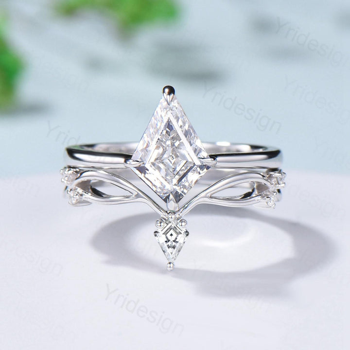 Vintage Kite Cut Diamond Engagement Ring Set Minimalist Lab Grown Diamond Wedding Ring IGI Certificate Simple Solitaire CVD Diamond Ring Set - PENFINE
