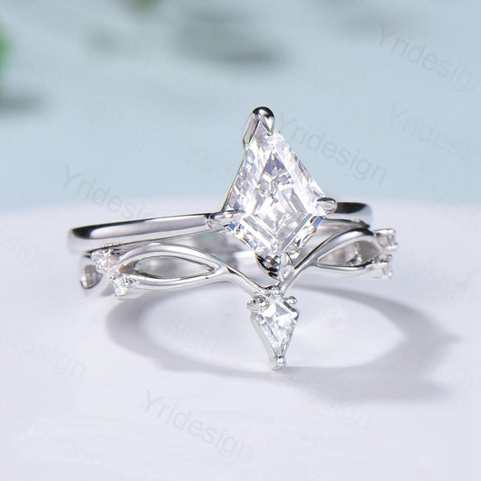 Vintage Kite Cut Diamond Engagement Ring Set Minimalist Lab Grown Diamond Wedding Ring IGI Certificate Simple Solitaire CVD Diamond Ring Set - PENFINE