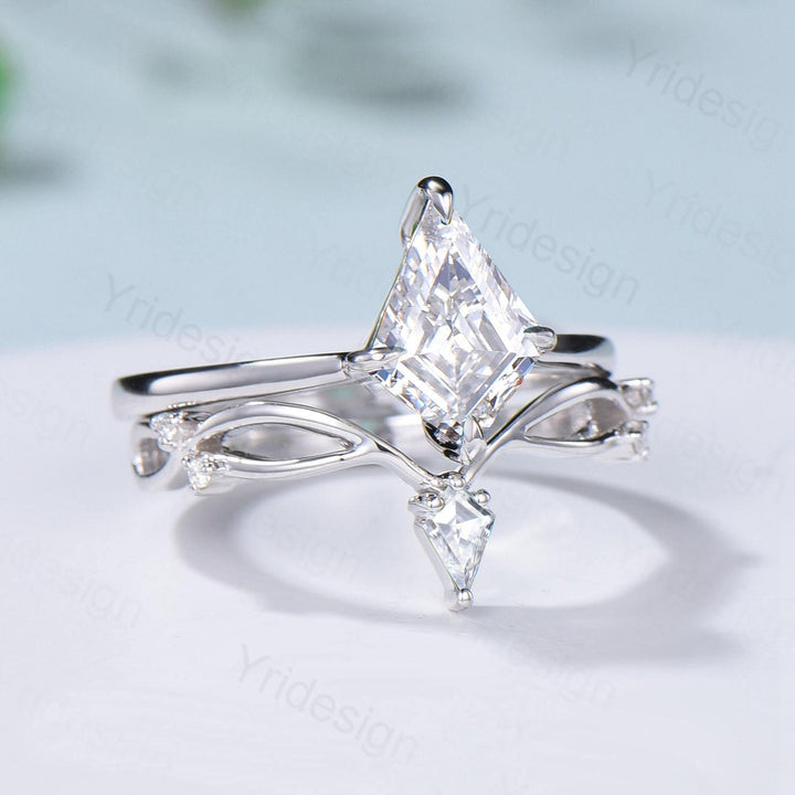 Vintage Kite Cut Diamond Engagement Ring Set Minimalist Lab Grown Diamond Wedding Ring IGI Certificate Simple Solitaire CVD Diamond Ring Set - PENFINE