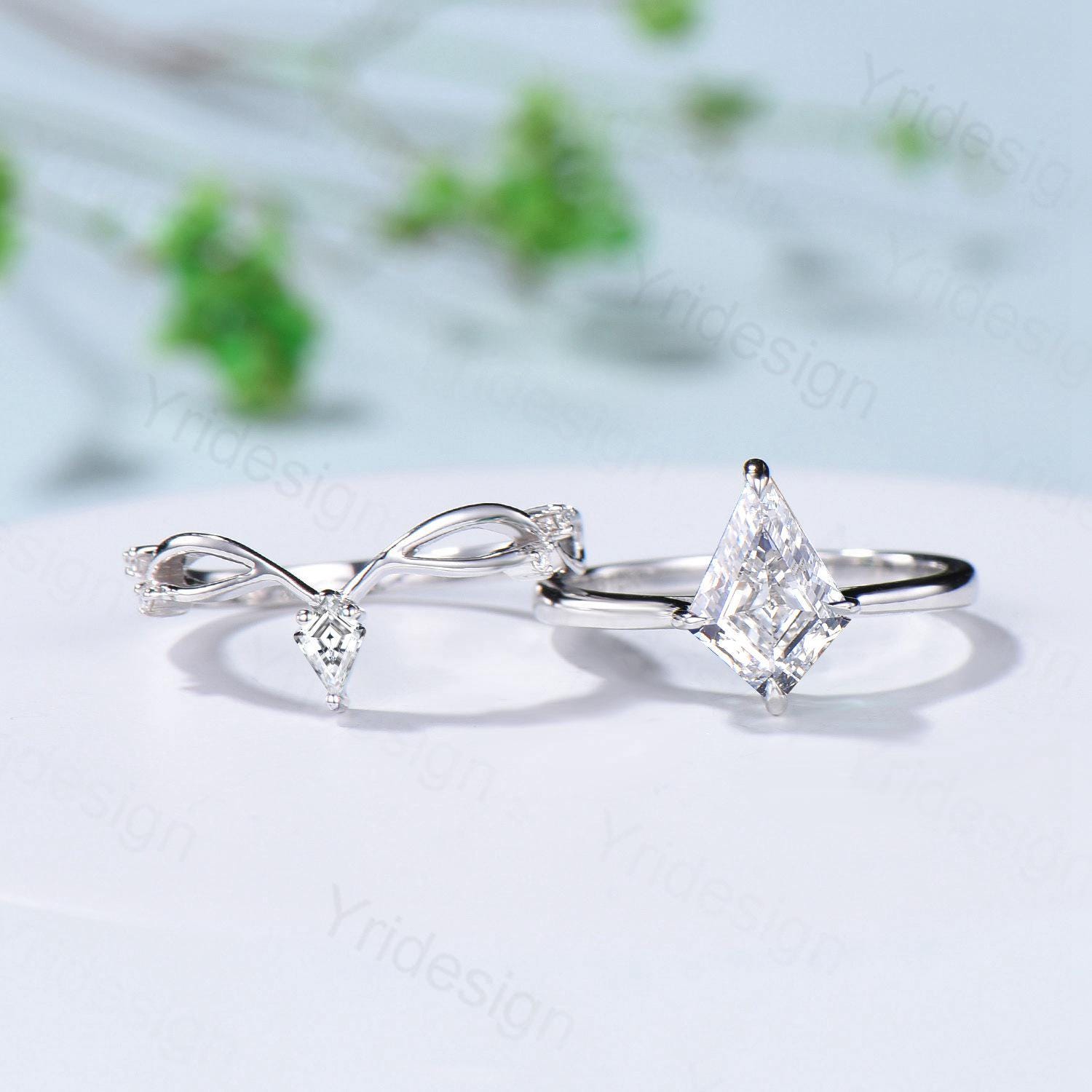 Vintage Kite Cut Diamond Engagement Ring Set Minimalist Lab Grown Diamond Wedding Ring IGI Certificate Simple Solitaire CVD Diamond Ring Set - PENFINE