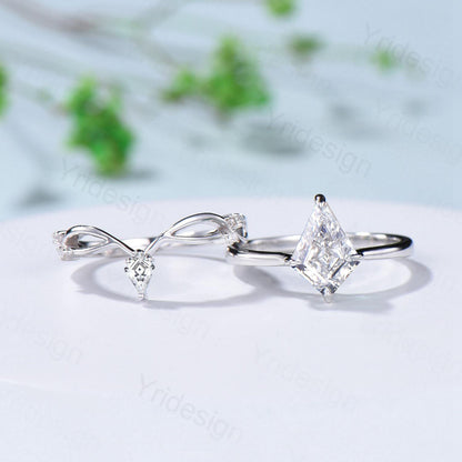 Vintage Kite Cut Diamond Engagement Ring Set Minimalist Lab Grown Diamond Wedding Ring IGI Certificate Simple Solitaire CVD Diamond Ring Set - PENFINE