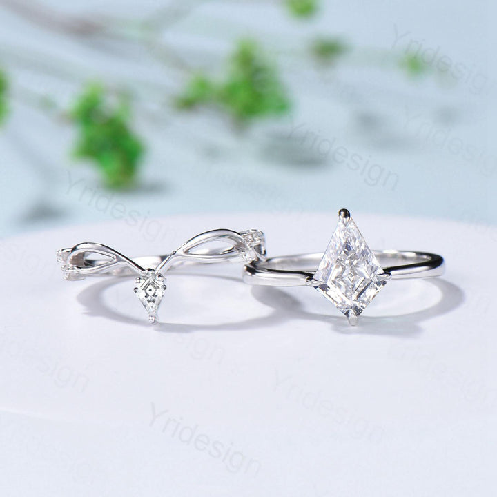 Vintage Kite Cut Diamond Engagement Ring Set Minimalist Lab Grown Diamond Wedding Ring IGI Certificate Simple Solitaire CVD Diamond Ring Set - PENFINE