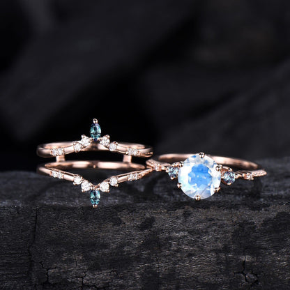 Moonstone Engagement Ring Set, Vintage Alexandrite Wedding Band - PENFINE