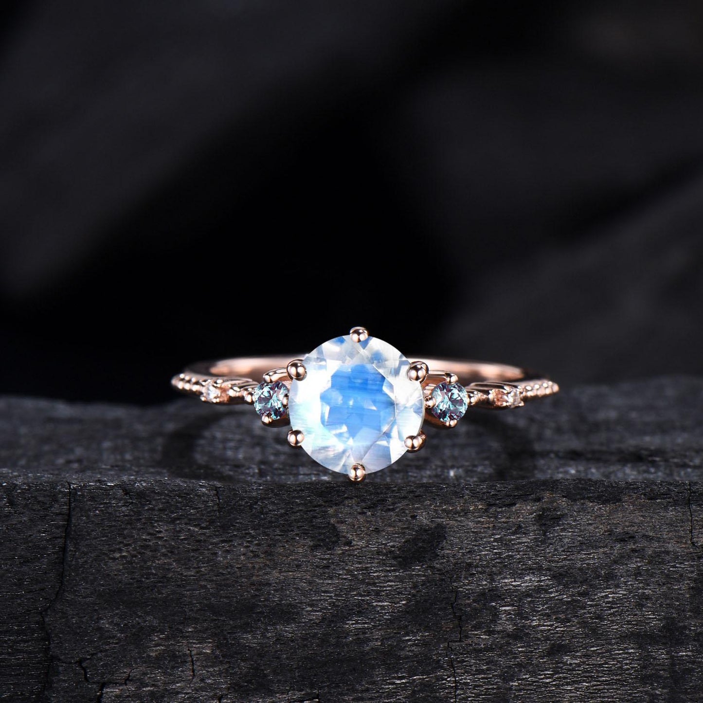 Moonstone Engagement Ring Set, Vintage Alexandrite Wedding Band - PENFINE