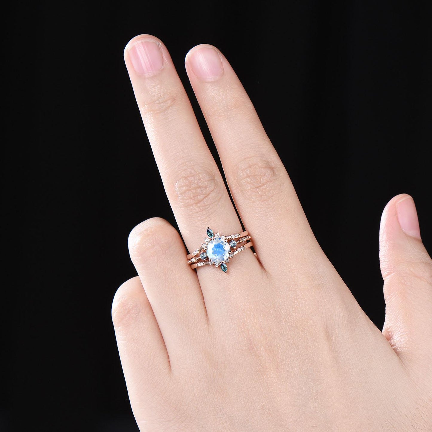 Moonstone Engagement Ring Set, Vintage Alexandrite Wedding Band - PENFINE