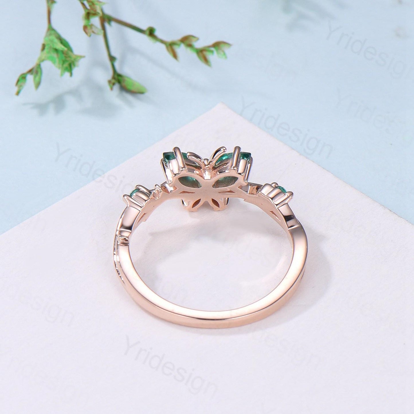 Vintage Butterfly Emerald Engagement Ring Unique Marquise Cut Moss Agate Wedding Ring 14k Rose Gold Flower Promise Anniversary Gift for Wife - PENFINE