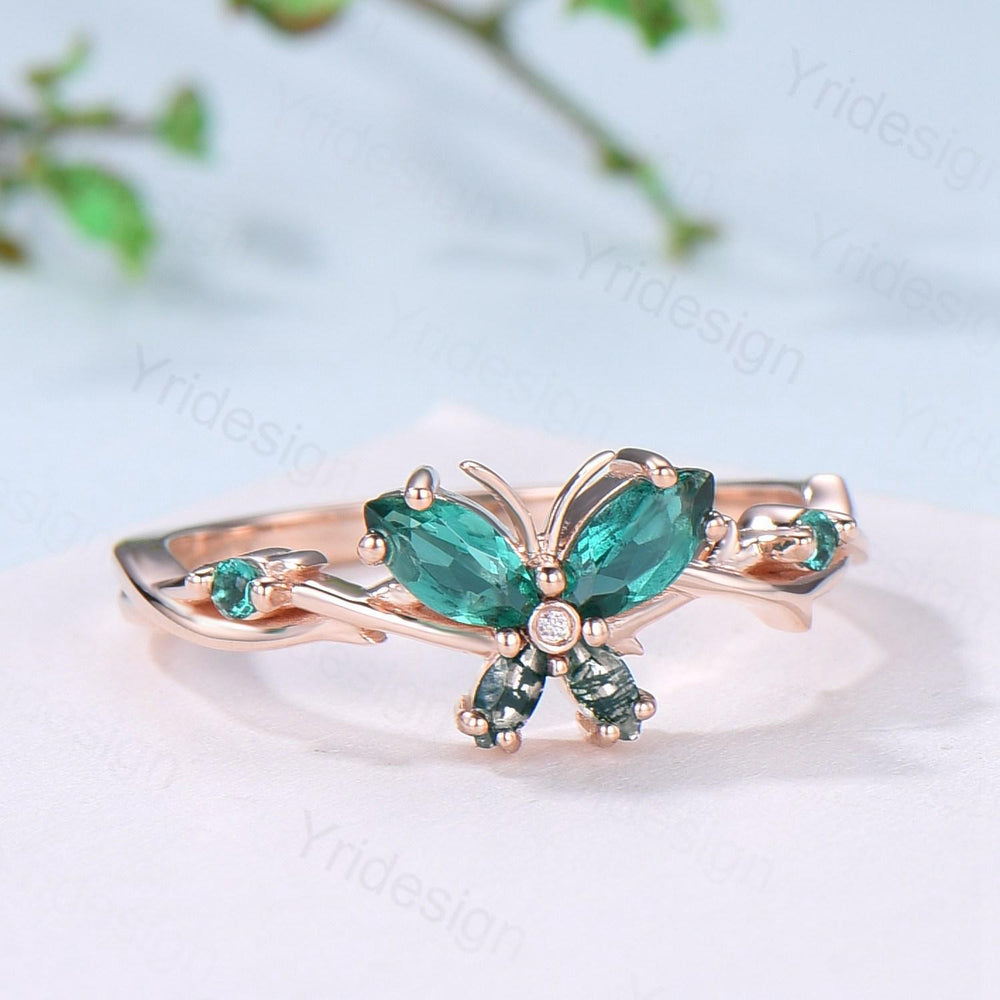 Vintage Butterfly Emerald Engagement Ring Unique Marquise Cut Moss Agate Wedding Ring 14k Rose Gold Flower Promise Anniversary Gift for Wife - PENFINE