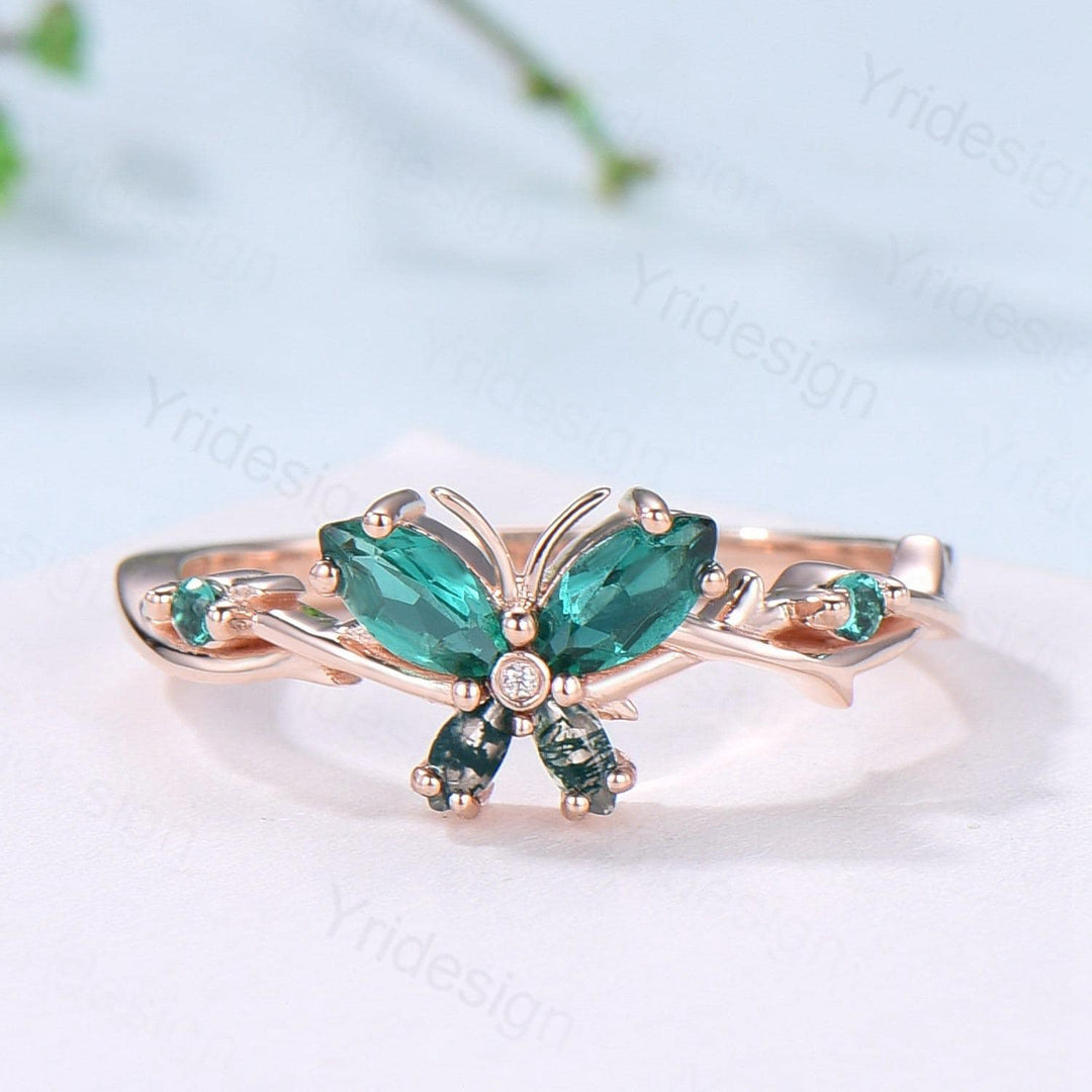 Vintage Butterfly Emerald Engagement Ring Unique Marquise Cut Moss Agate Wedding Ring 14k Rose Gold Flower Promise Anniversary Gift for Wife - PENFINE