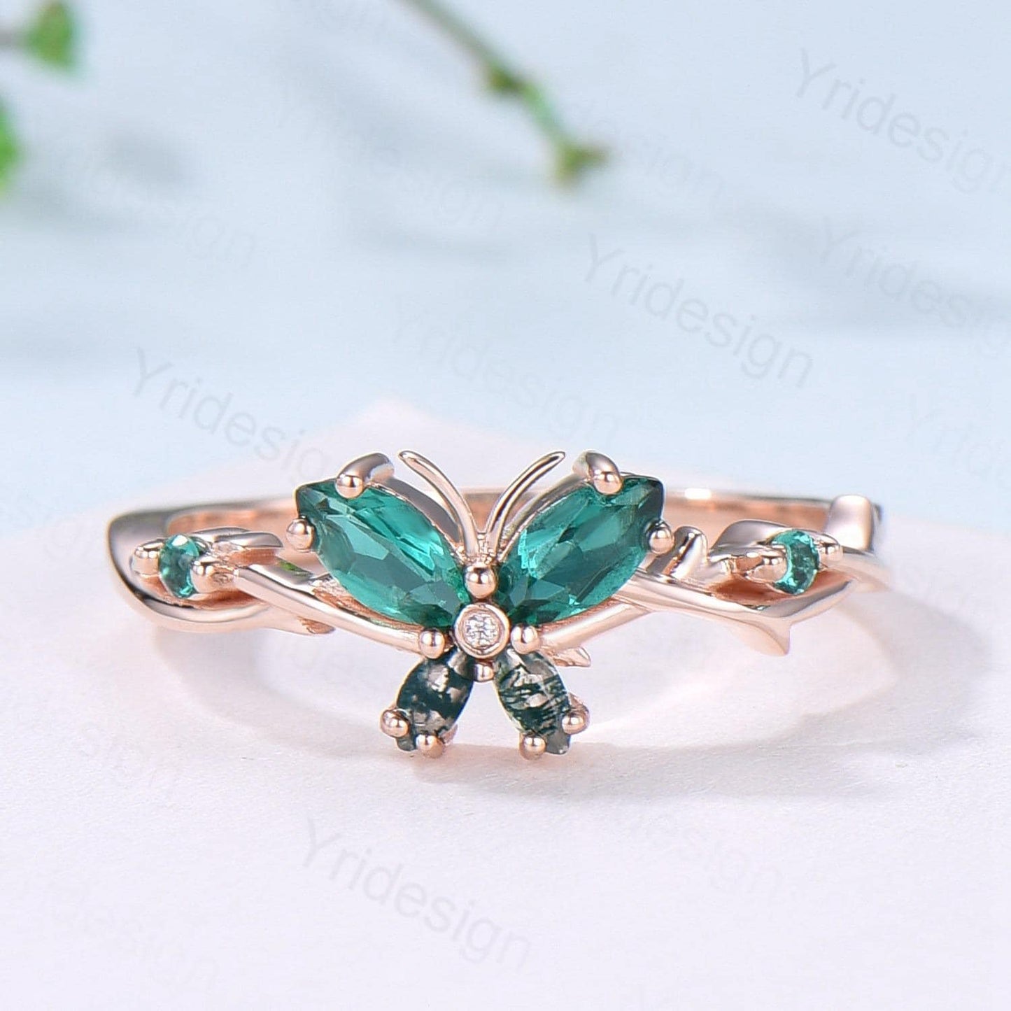 Vintage Butterfly Emerald Engagement Ring Unique Marquise Cut Moss Agate Wedding Ring 14k Rose Gold Flower Promise Anniversary Gift for Wife - PENFINE