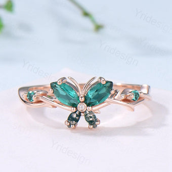 Vintage Butterfly Emerald Engagement Ring Unique Marquise Cut Moss Agate Wedding Ring 14k Rose Gold Flower Promise Anniversary Gift for Wife - PENFINE