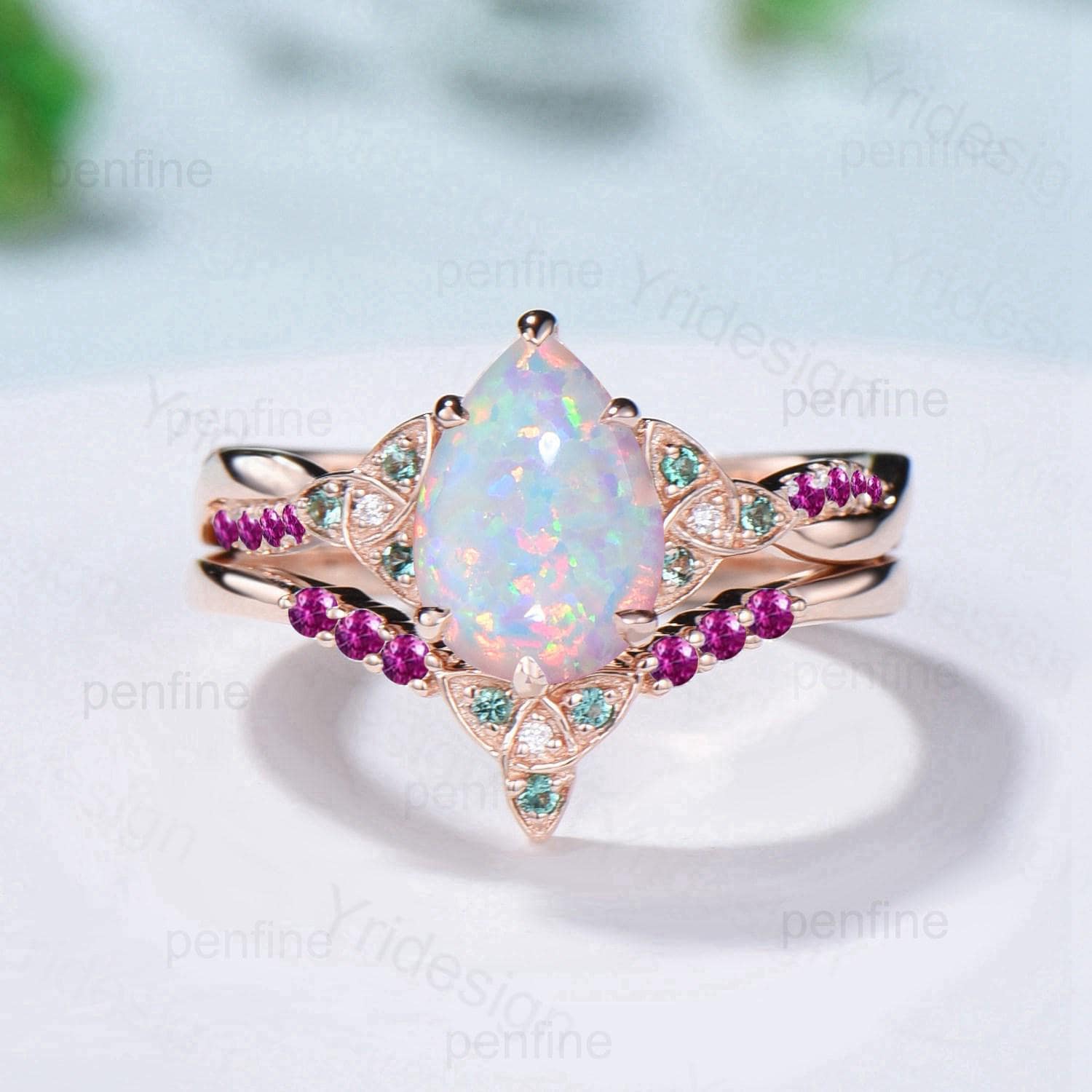 Norse Viking Pear Shaped Opal Wedding Ring Set Celtic Knot 14K Rose Gold Split Shank Opal Ruby Engagement Ring Opal Emerald Bridal Set Women - PENFINE