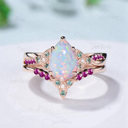 Norse Viking Pear Shaped Opal Wedding Ring Set Celtic Knot 14K Rose Gold Split Shank Opal Ruby Engagement Ring Opal Emerald Bridal Set Women - PENFINE