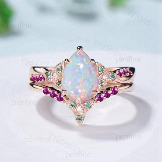 Norse Viking Pear Shaped Opal Wedding Ring Set Celtic Knot 14K Rose Gold Split Shank Opal Ruby Engagement Ring Opal Emerald Bridal Set Women - PENFINE