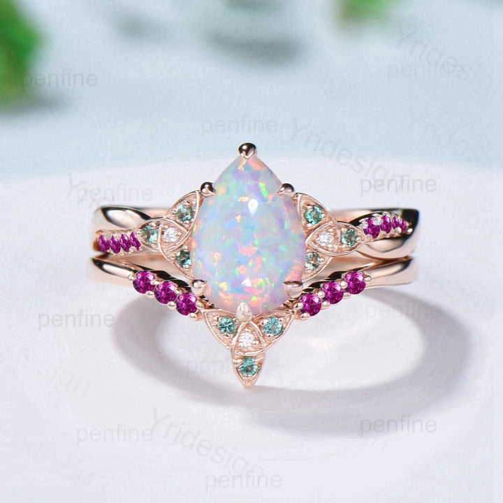 Norse Viking Pear Shaped Opal Wedding Ring Set Celtic Knot 14K Rose Gold Split Shank Opal Ruby Engagement Ring Opal Emerald Bridal Set Women - PENFINE