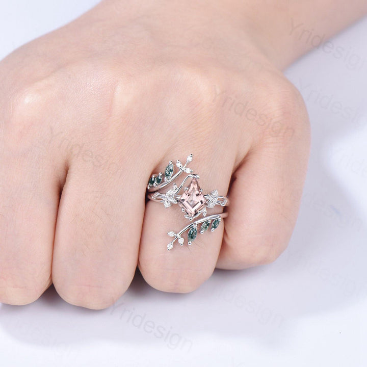 Nature Inspired Kite Cut Natural Morganite Engagement Ring Set Unique Leaf Branch Marquise Moss agate Promise Ring Bridal Wedding Ring Sets - PENFINE
