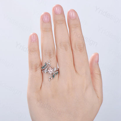 Nature Inspired Kite Cut Natural Morganite Engagement Ring Set Unique Leaf Branch Marquise Moss agate Promise Ring Bridal Wedding Ring Sets - PENFINE