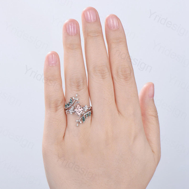 Nature Inspired Kite Cut Natural Morganite Engagement Ring Set Unique Leaf Branch Marquise Moss agate Promise Ring Bridal Wedding Ring Sets - PENFINE