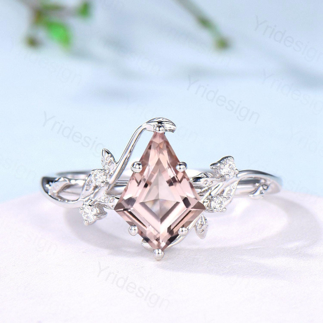 Nature Inspired Kite Cut Natural Morganite Engagement Ring Set Unique Leaf Branch Marquise Moss agate Promise Ring Bridal Wedding Ring Sets - PENFINE