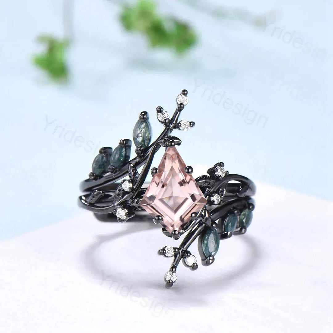 Nature Inspired Kite Cut Natural Morganite Engagement Ring Set Unique Leaf Branch Marquise Moss agate Promise Ring Bridal Wedding Ring Sets - PENFINE