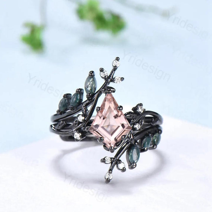 Nature Inspired Kite Cut Natural Morganite Engagement Ring Set Unique Leaf Branch Marquise Moss agate Promise Ring Bridal Wedding Ring Sets - PENFINE