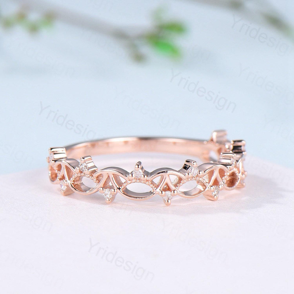 Art Deco 14K Rose Gold Diamond Wedding Band Anniversary Bridal Ring Unique Handmade Jewelry Gift Celtic Knot Stacking Diamond Band - PENFINE