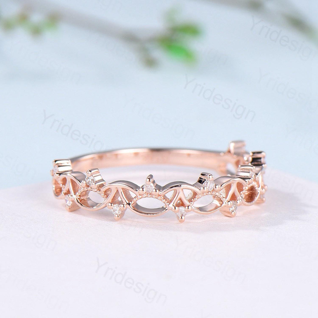 Art Deco 14K Rose Gold Diamond Wedding Band Anniversary Bridal Ring Unique Handmade Jewelry Gift Celtic Knot Stacking Diamond Band - PENFINE