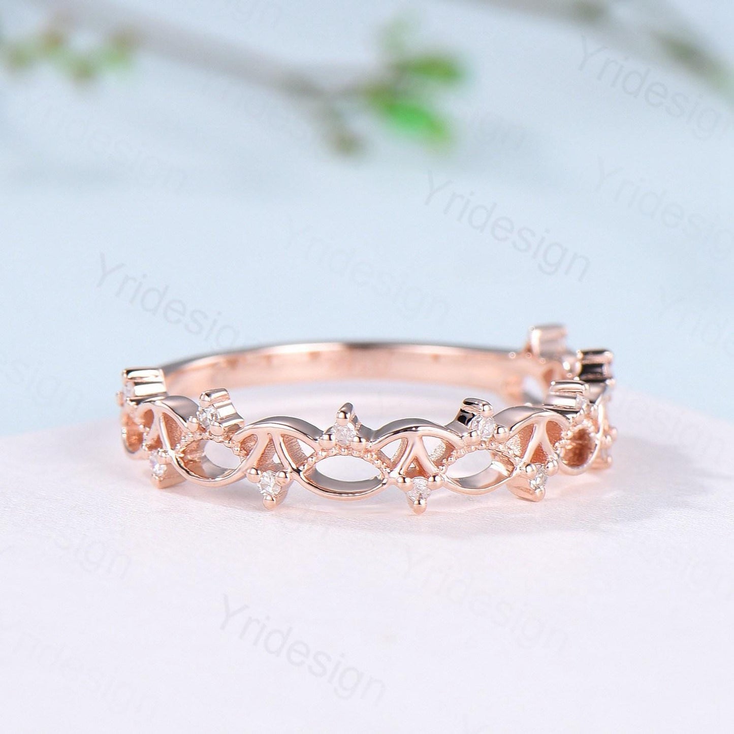 Art Deco 14K Rose Gold Diamond Wedding Band Anniversary Bridal Ring Unique Handmade Jewelry Gift Celtic Knot Stacking Diamond Band - PENFINE