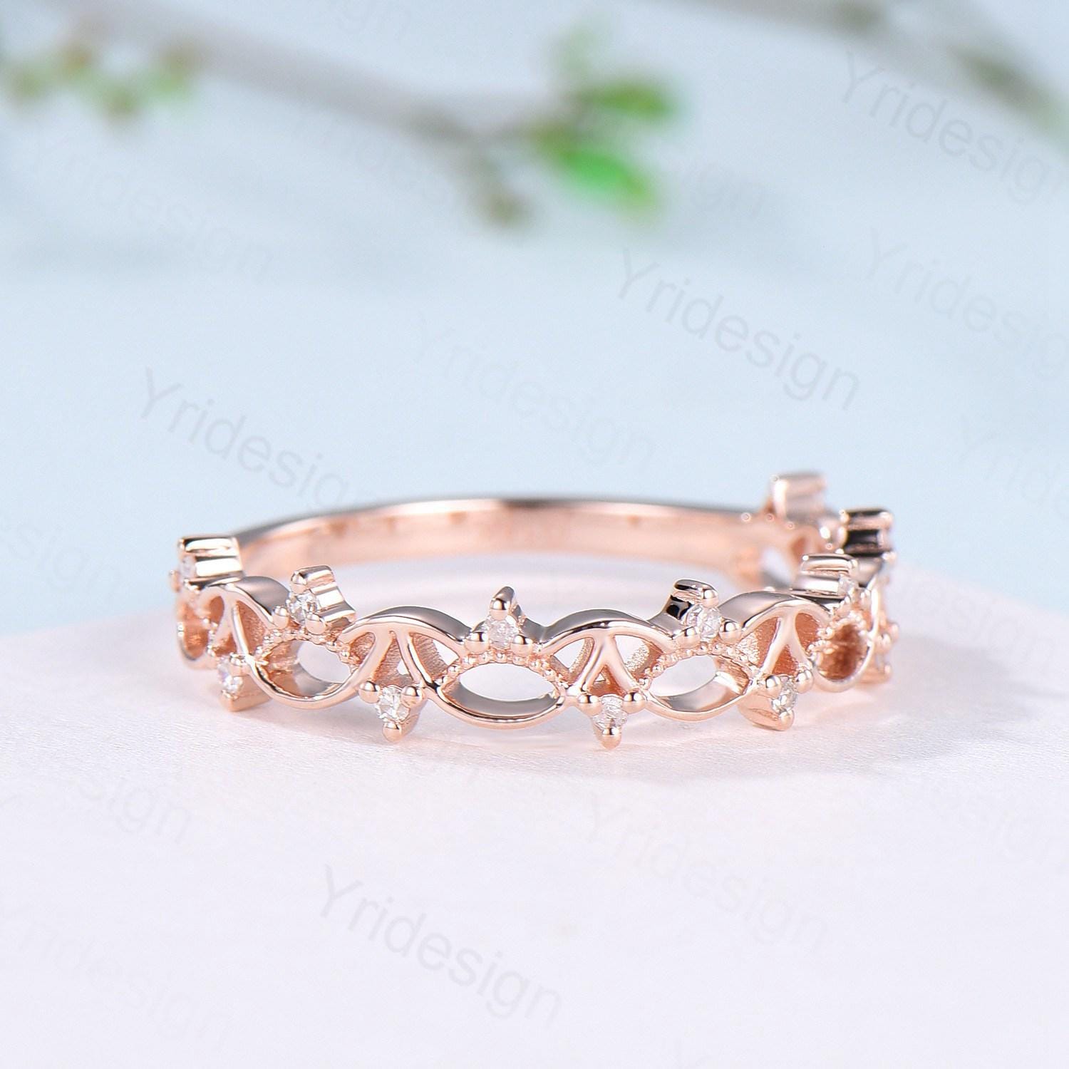 Art Deco 14K Rose Gold Diamond Wedding Band Anniversary Bridal Ring Unique Handmade Jewelry Gift Celtic Knot Stacking Diamond Band - PENFINE