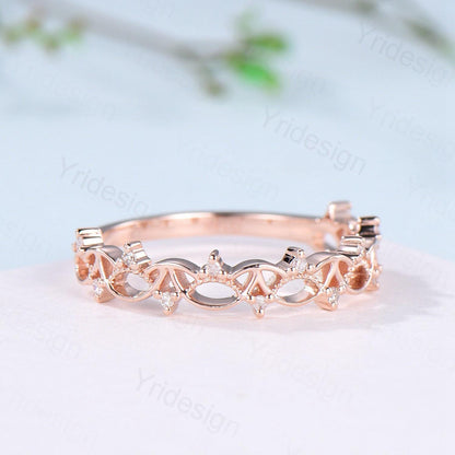 Art Deco 14K Rose Gold Diamond Wedding Band Anniversary Bridal Ring Unique Handmade Jewelry Gift Celtic Knot Stacking Diamond Band - PENFINE