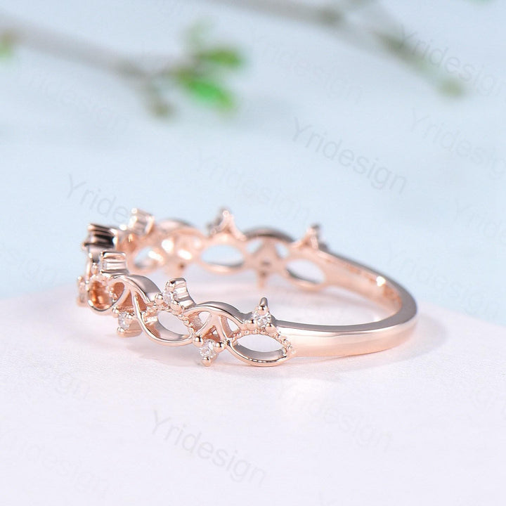 Art Deco 14K Rose Gold Diamond Wedding Band Anniversary Bridal Ring Unique Handmade Jewelry Gift Celtic Knot Stacking Diamond Band - PENFINE