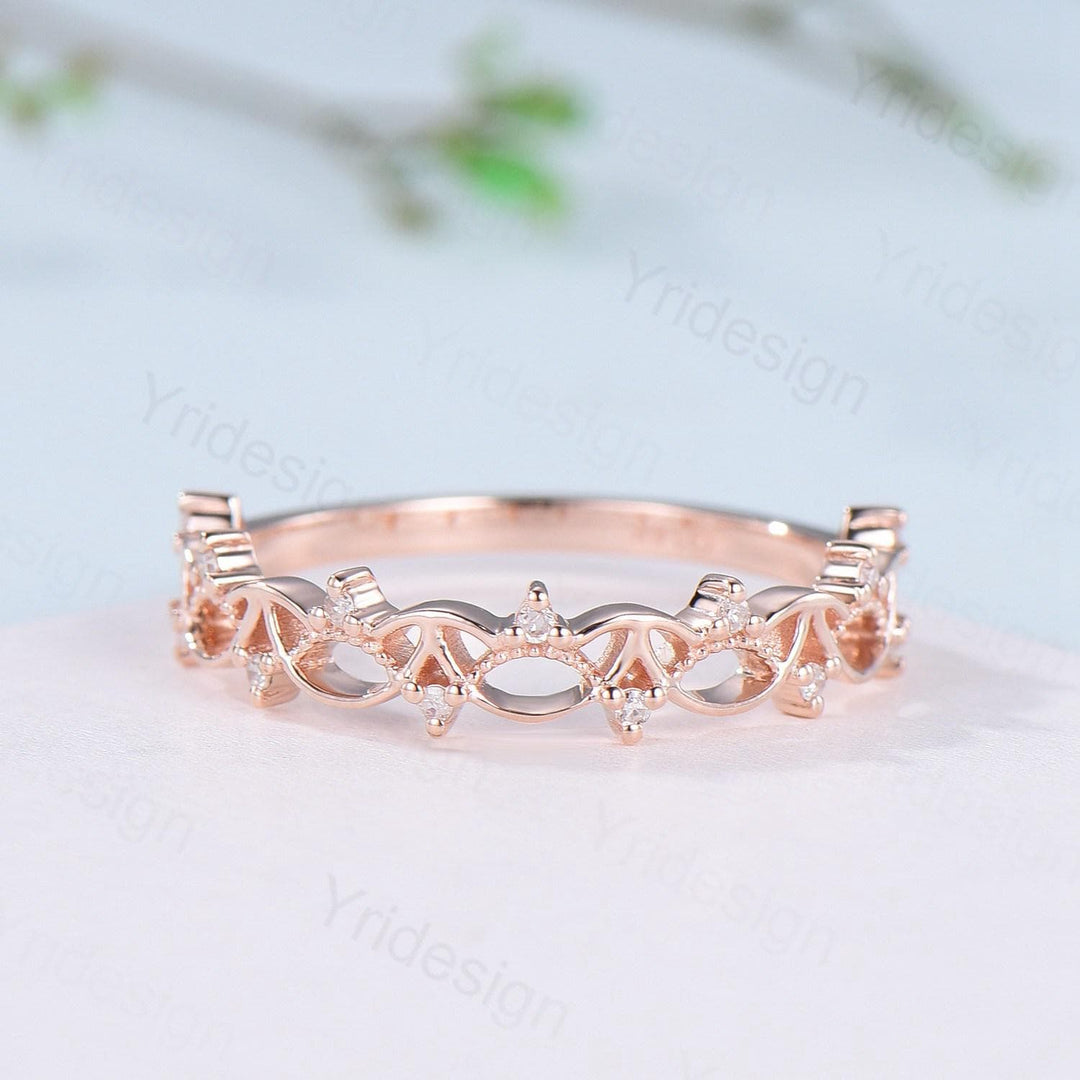 Art Deco 14K Rose Gold Diamond Wedding Band Anniversary Bridal Ring Unique Handmade Jewelry Gift Celtic Knot Stacking Diamond Band - PENFINE
