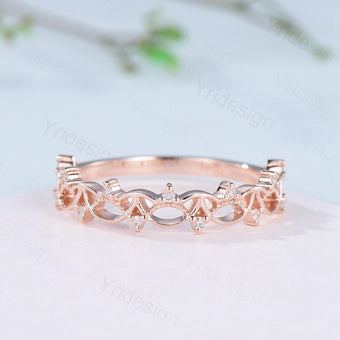 Art Deco 14K Rose Gold Diamond Wedding Band Anniversary Bridal Ring Unique Handmade Jewelry Gift Celtic Knot Stacking Diamond Band - PENFINE
