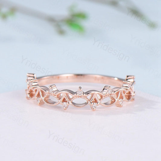 Art Deco 14K Rose Gold Diamond Wedding Band Anniversary Bridal Ring Unique Handmade Jewelry Gift Celtic Knot Stacking Diamond Band - PENFINE