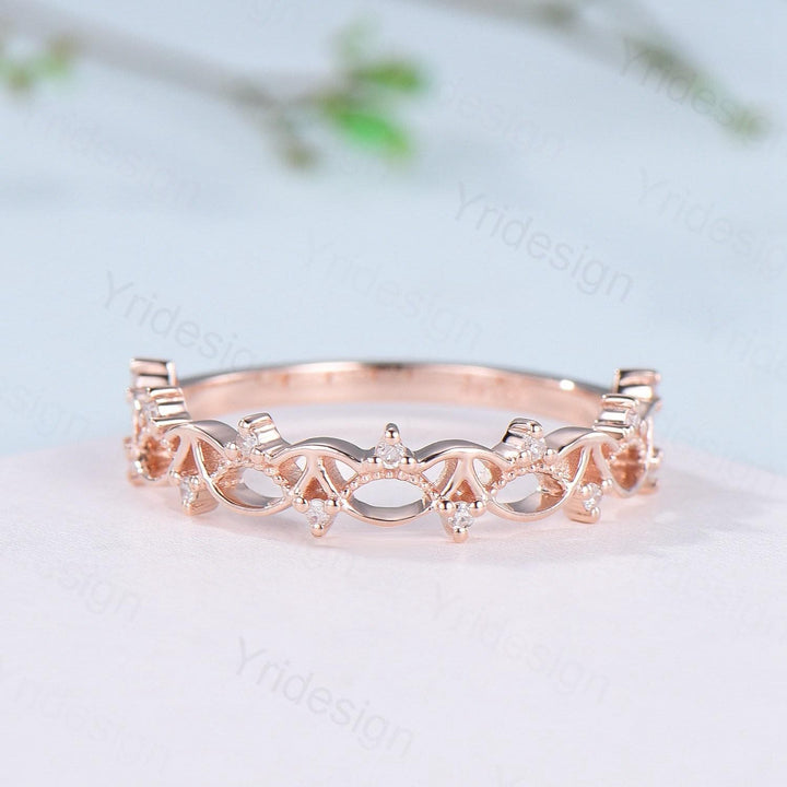Art Deco 14K Rose Gold Diamond Wedding Band Anniversary Bridal Ring Unique Handmade Jewelry Gift Celtic Knot Stacking Diamond Band - PENFINE