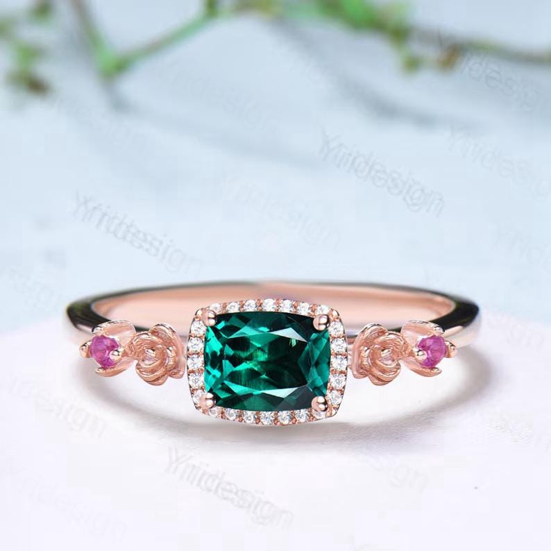 Unique east to west emerald wedding ring halo diamond floral emerald engagement ring Art deco rose gold pink tourmaline anniversary ring - PENFINE