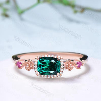 Unique east to west emerald wedding ring halo diamond floral emerald engagement ring Art deco rose gold pink tourmaline anniversary ring - PENFINE