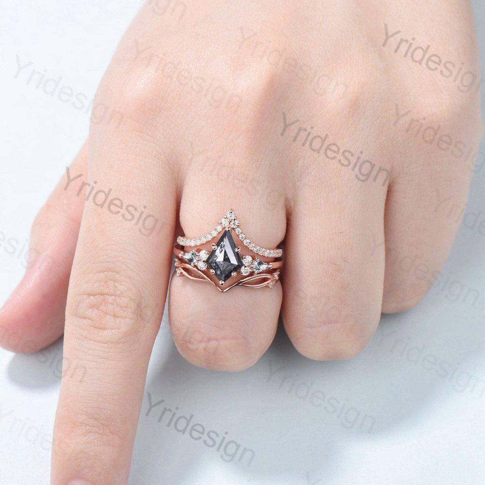 Vintage kite cut salt pepper diamond engagement ring set 14k rose gold six prong kite cut rutilated quartz ring unique bridal wedding set - PENFINE