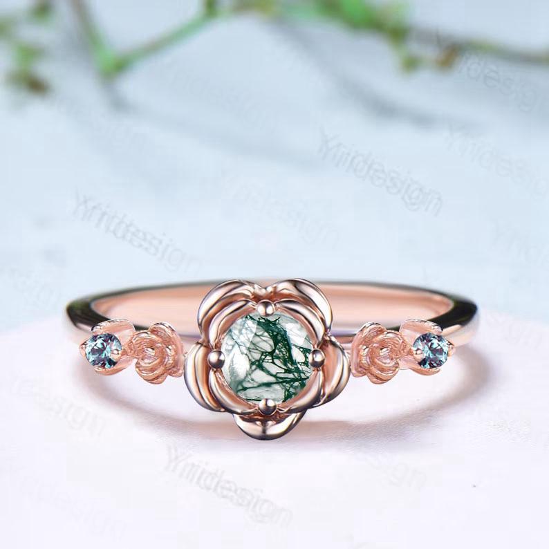 Floral round moss agate engagement ring nature inspired green agate alexandrite wedding ring vintage flower anniversary promise ring women - PENFINE