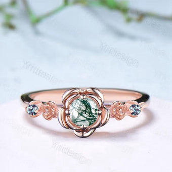 Floral round moss agate engagement ring nature inspired green agate alexandrite wedding ring vintage flower anniversary promise ring women - PENFINE