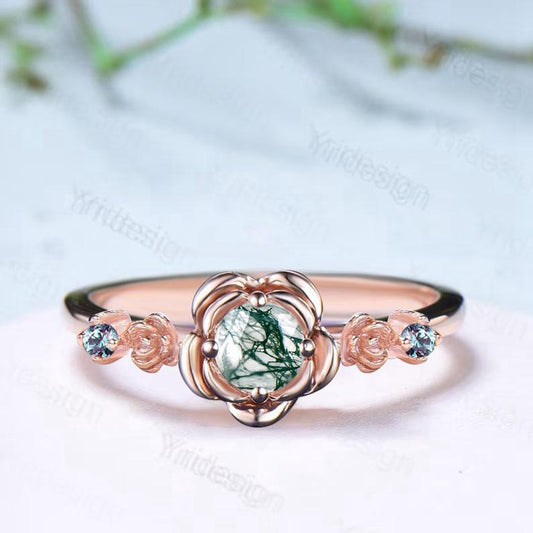 Floral round moss agate engagement ring nature inspired green agate alexandrite wedding ring vintage flower anniversary promise ring women - PENFINE
