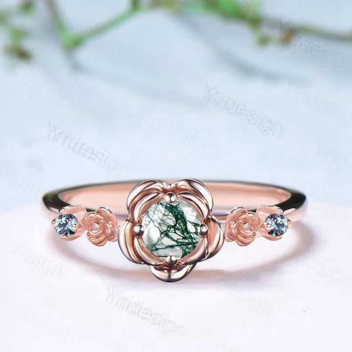 Floral round moss agate engagement ring nature inspired green agate alexandrite wedding ring vintage flower anniversary promise ring women - PENFINE