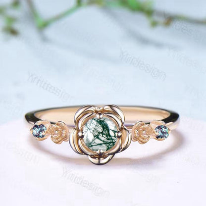 Floral round moss agate engagement ring nature inspired green agate alexandrite wedding ring vintage flower anniversary promise ring women - PENFINE