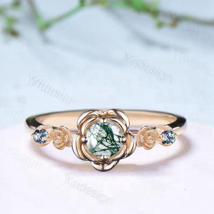 Floral round moss agate engagement ring nature inspired green agate alexandrite wedding ring vintage flower anniversary promise ring women - PENFINE