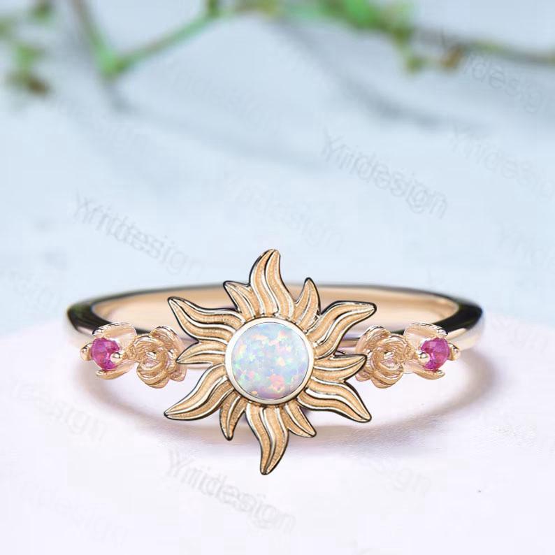 Sunflower ring round fire opal engagement ring nature inspired pink tourmaline wedding ring vintage flower anniversary promise ring for wife - PENFINE