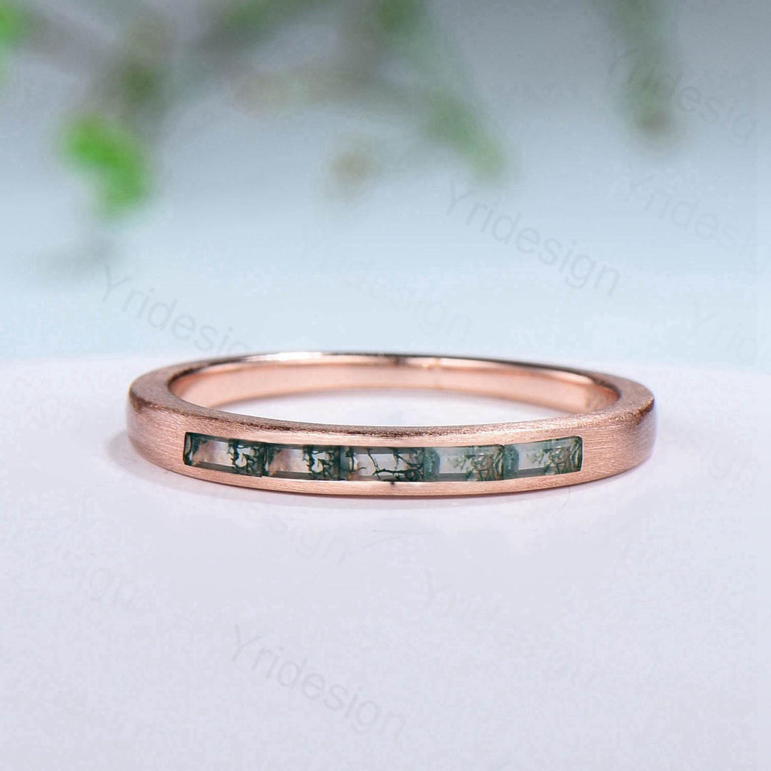 Hammered Moss Agate Wedding Ring Unique Minimalist Brushed Five Stone Wedding Band Women Tension Design Stacking Retro Vintage Stacking Ring - PENFINE