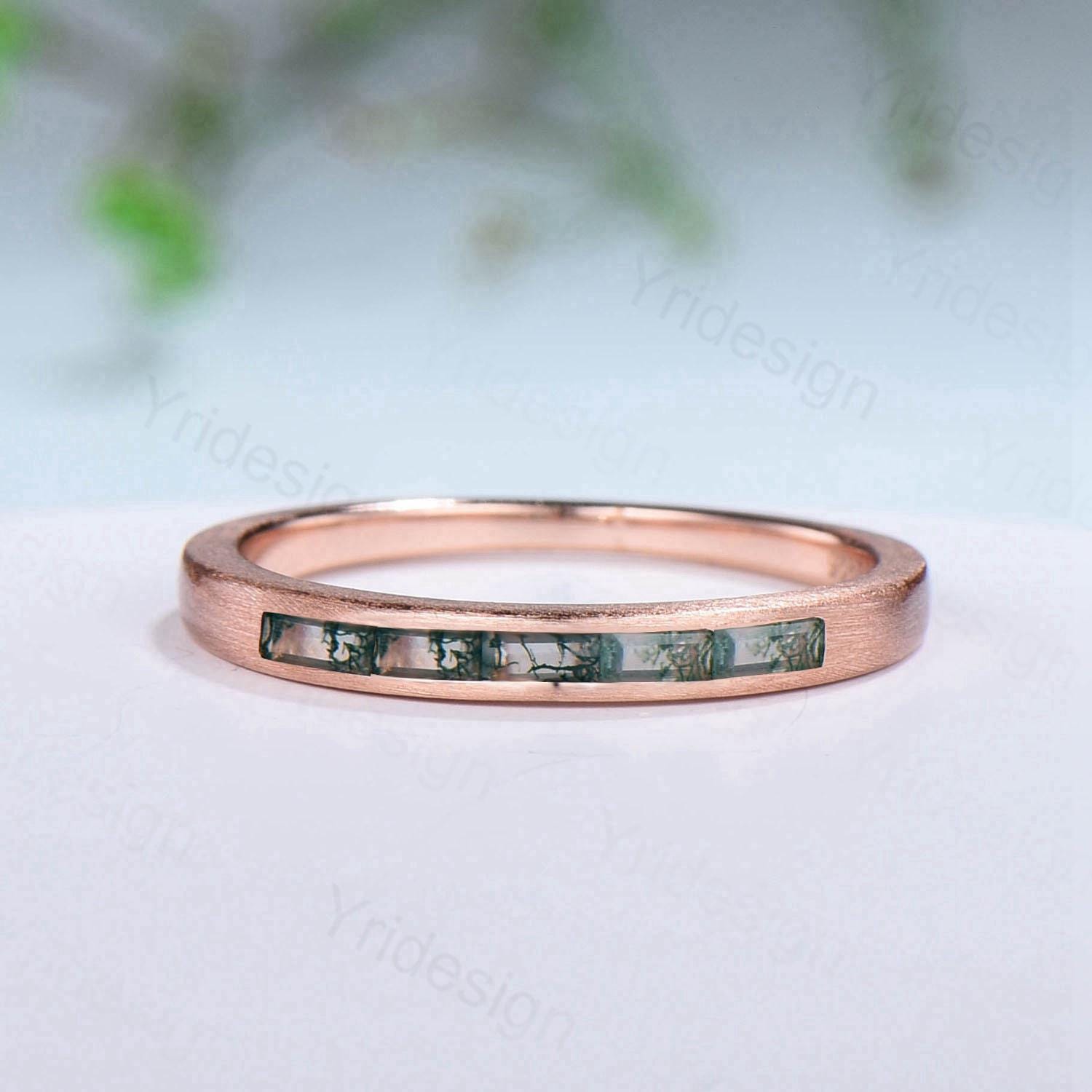 Hammered Moss Agate Wedding Ring Unique Minimalist Brushed Five Stone Wedding Band Women Tension Design Stacking Retro Vintage Stacking Ring - PENFINE